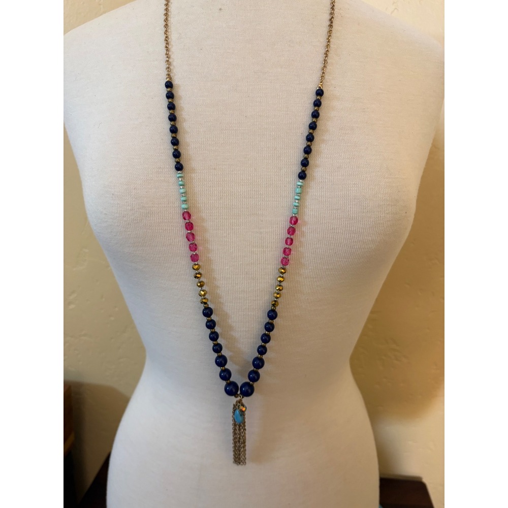 Boho Long Beaded Tassel Necklace Navy Blue Pink Turquoise Gold Tone 22 Inch